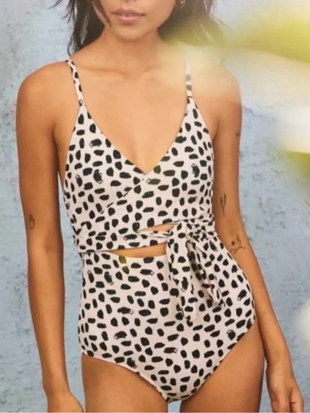 Aerie Spotted Tie-Front One-Piece Swimsuit - Black on Cream NWT
